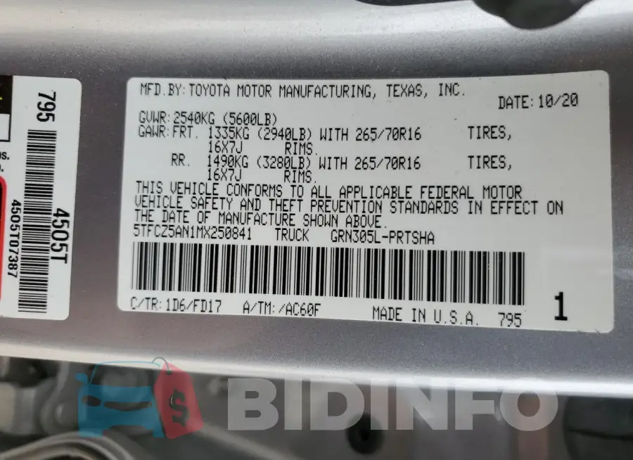 5TFCZ5AN1MX250841 Photo# 13
