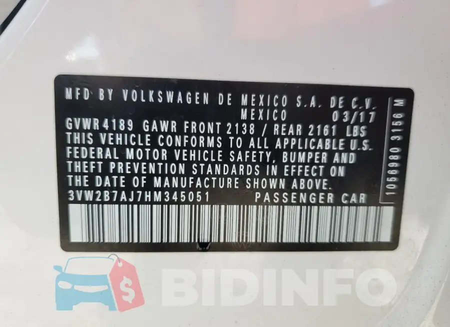 3VW2B7AJ7HM345051 Photo# 12
