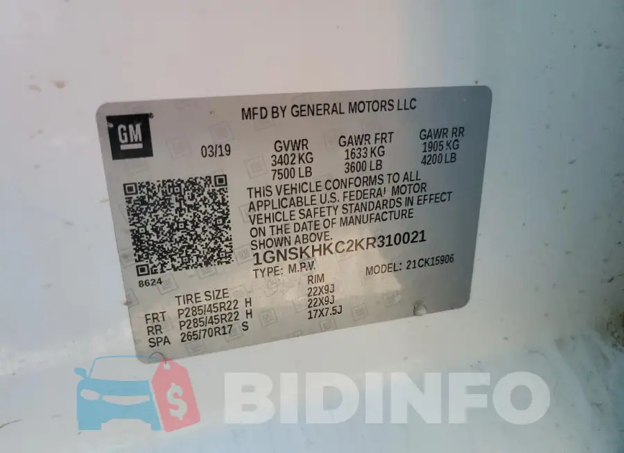1GNSKHKC2KR310021 Photo# 14