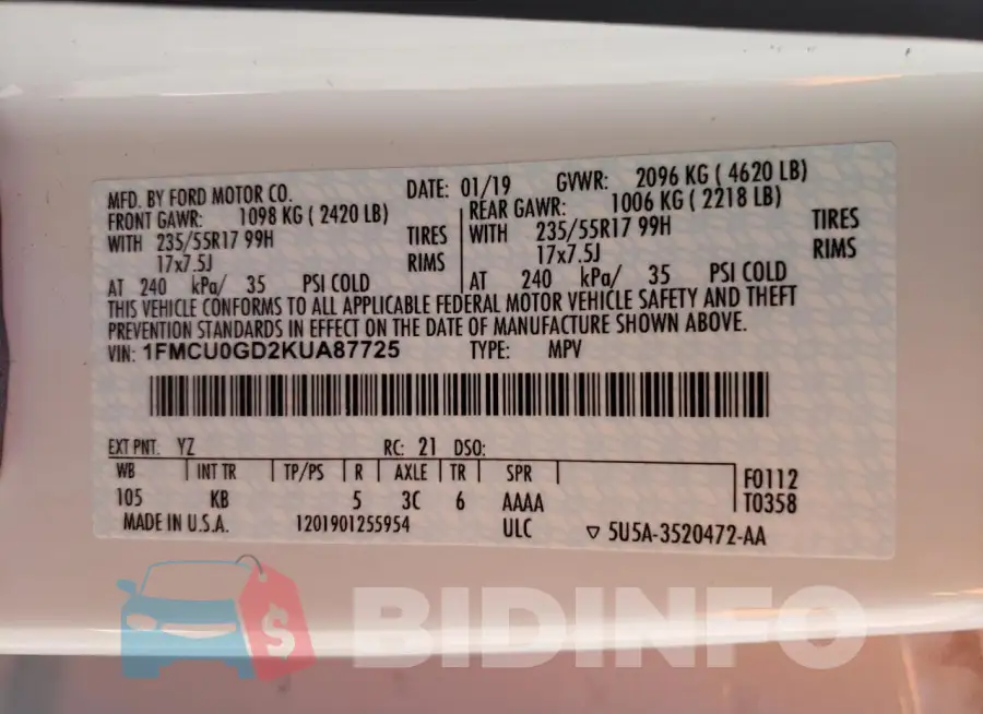 1FMCU0GD2KUA87725 Photo# 14