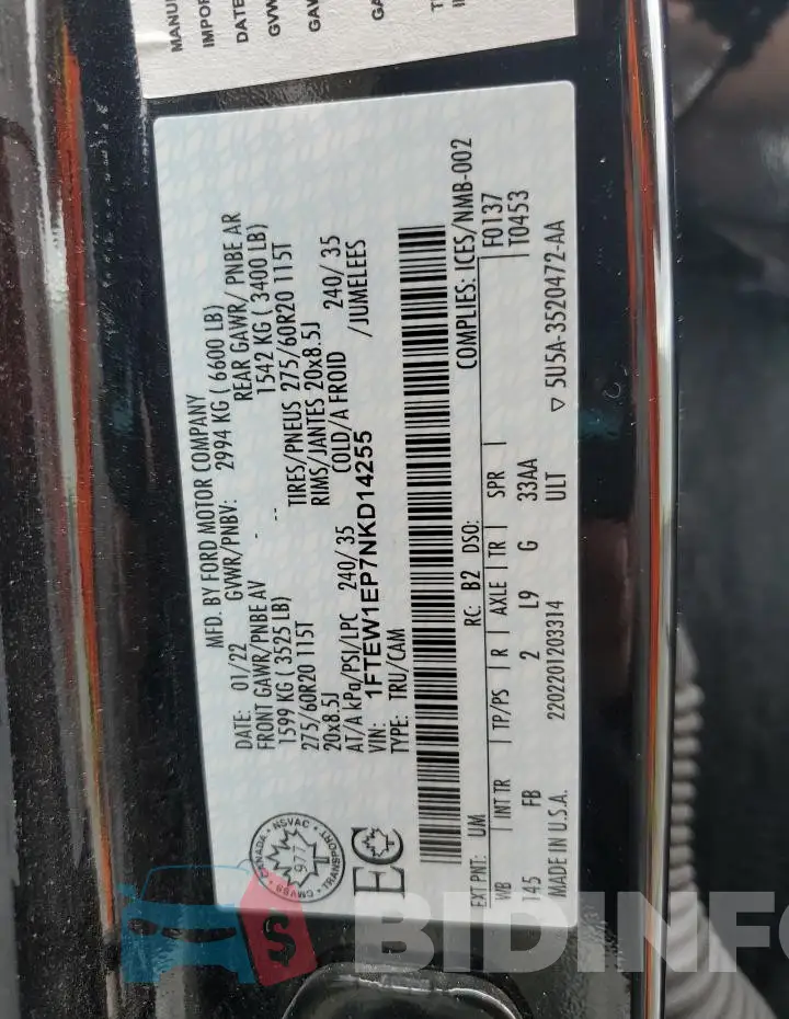 1FTEW1EP7NKD14255 Photo# 13