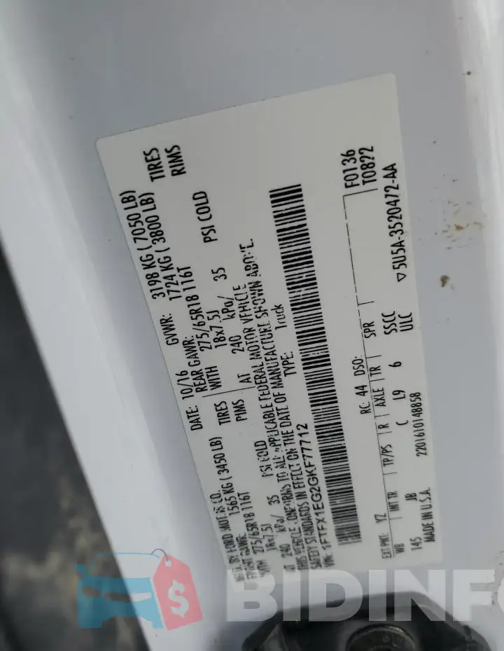 1FTFX1EG2GKF77712 Photo# 12