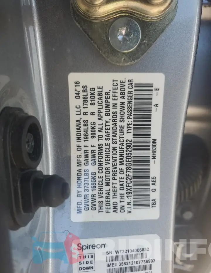 19XFC2F78GE052902 Photo# 12
