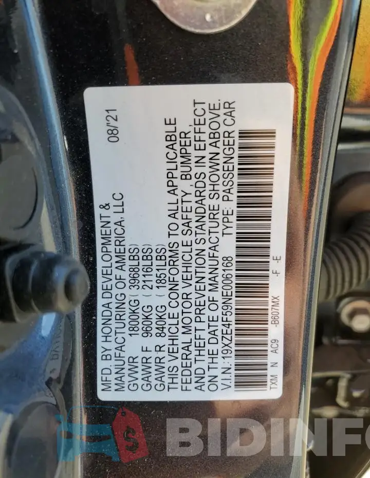 19XZE4F59NE006168 Photo# 13