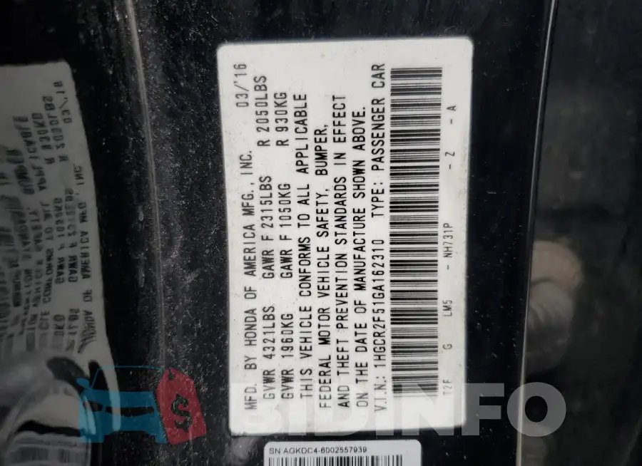 1HGCR2F51GA162310 Photo# 13