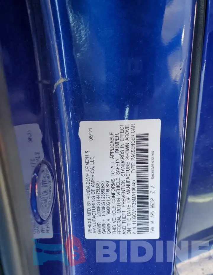 1HGCV1F35MA100487 Photo# 12