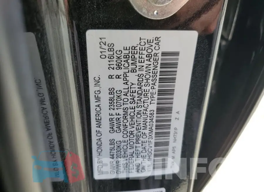1HGCV1F3XMA034583 Photo# 12