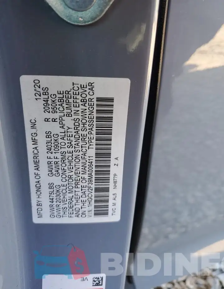 1HGCV2F39MA006411 Photo# 12