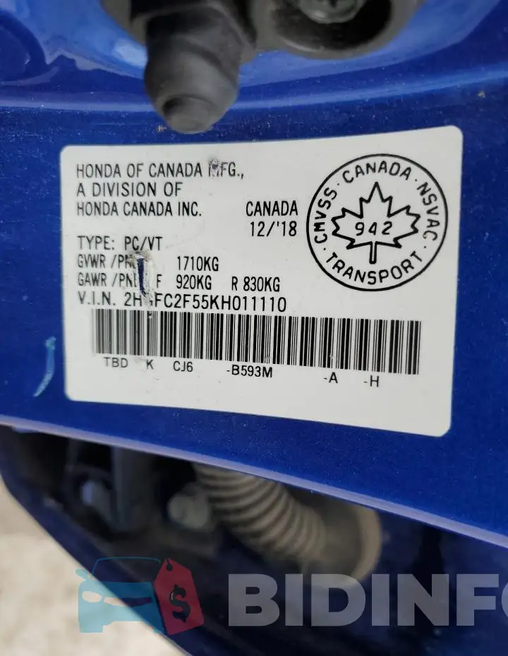 2HGFC2F55KH011110 Photo# 13