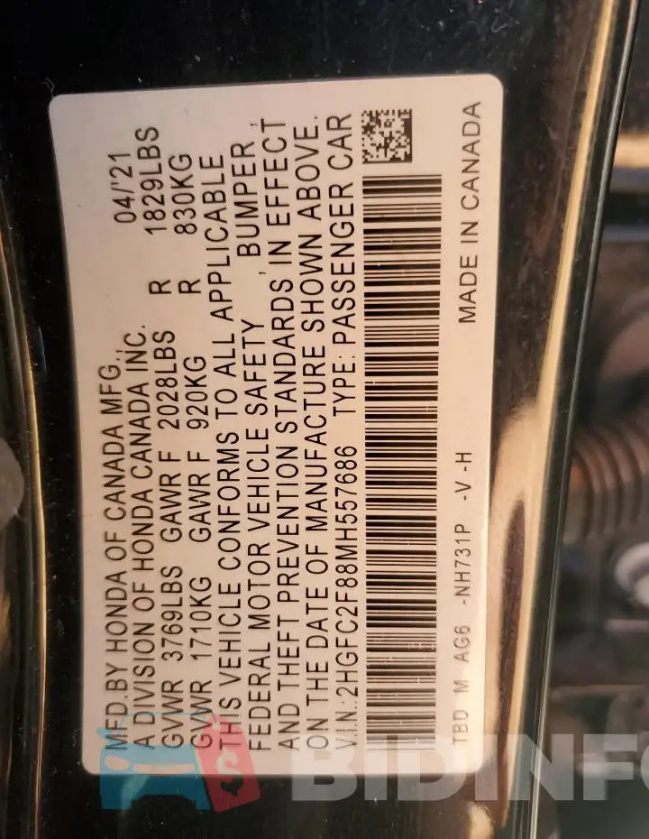 2HGFC2F88MH557686 Photo# 12