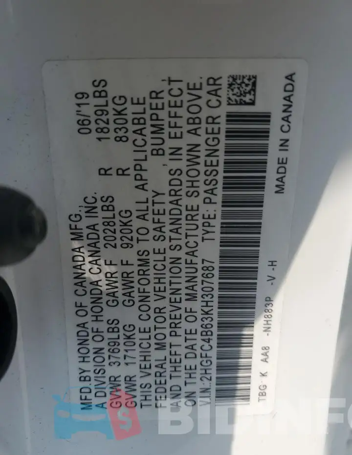 2HGFC4B63KH307687 Photo# 13