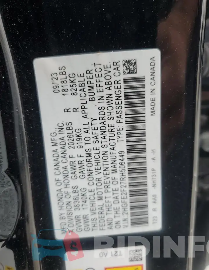 2HGFE2F27RH506449 Photo# 13