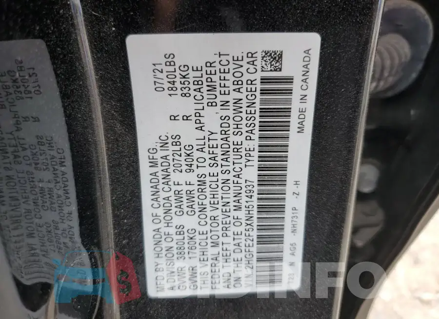 2HGFE2F5XNH514937 Photo# 13