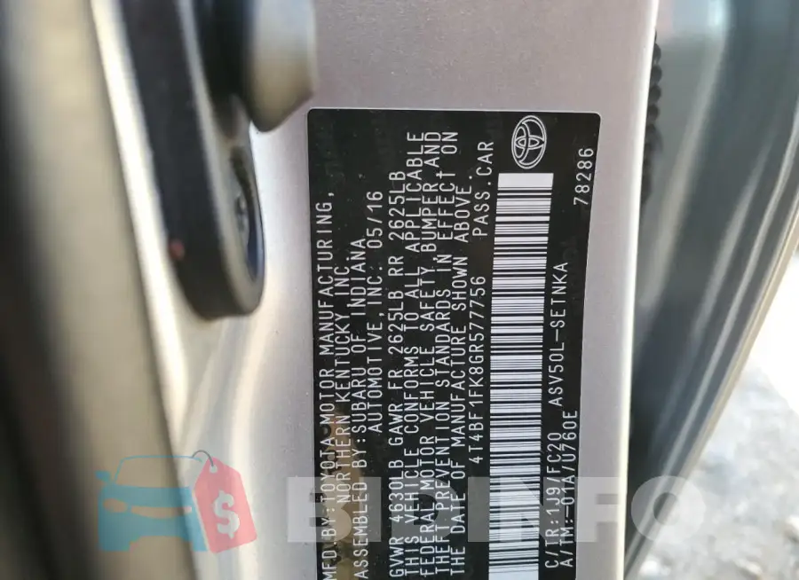4T4BF1FK8GR577756 Photo# 12