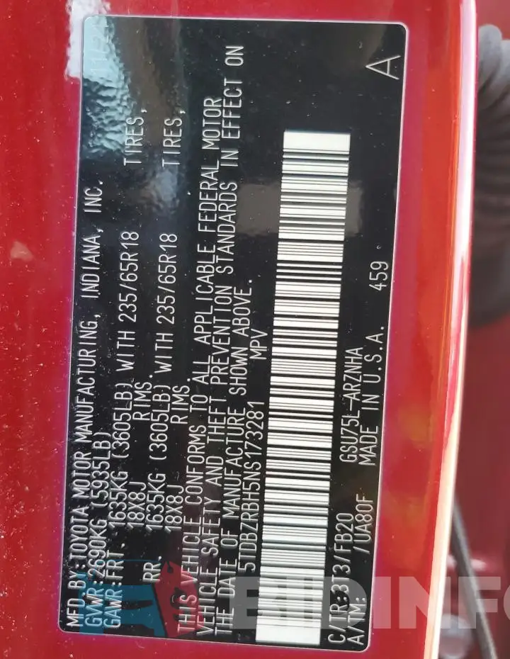 5TDBZRBH5NS173281 Photo# 13
