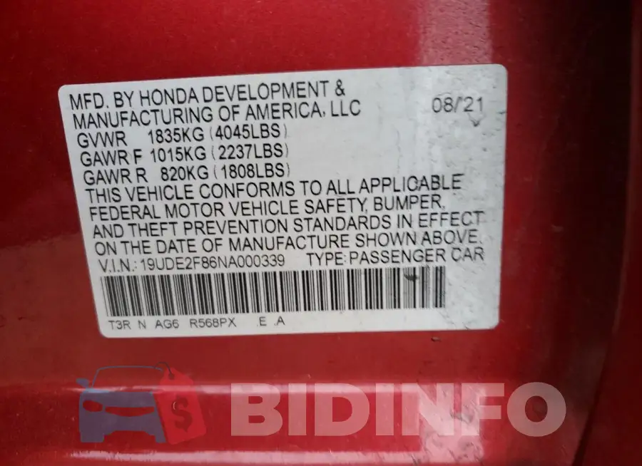 19UDE2F86NA000339 Photo# 12