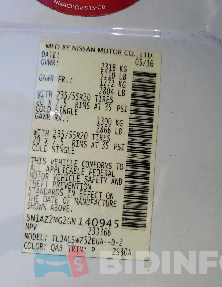 5N1AZ2MG2GN140945 Photo# 14