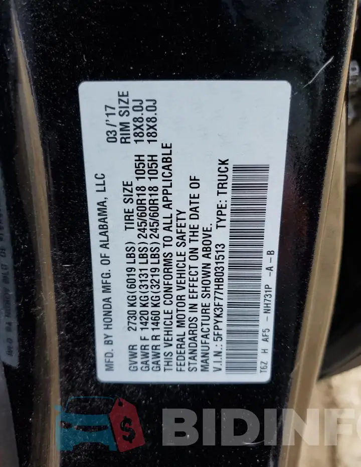 5FPYK3F77HB031513 Photo# 12