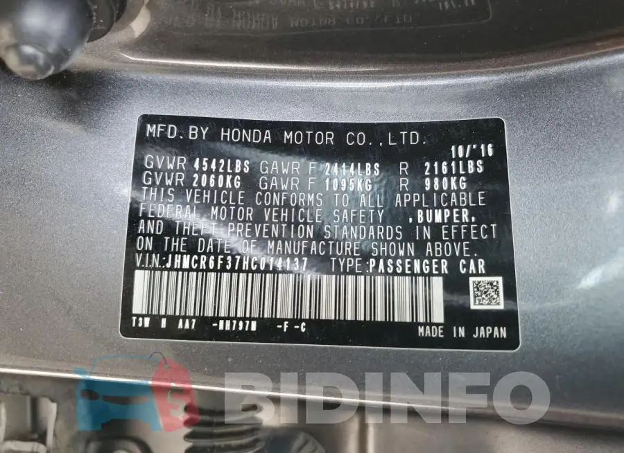 JHMCR6F37HC014137 Photo# 12