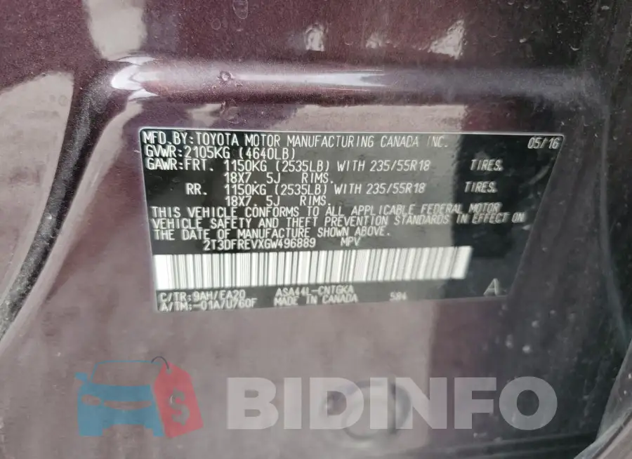 2T3DFREVXGW496889 Photo# 12