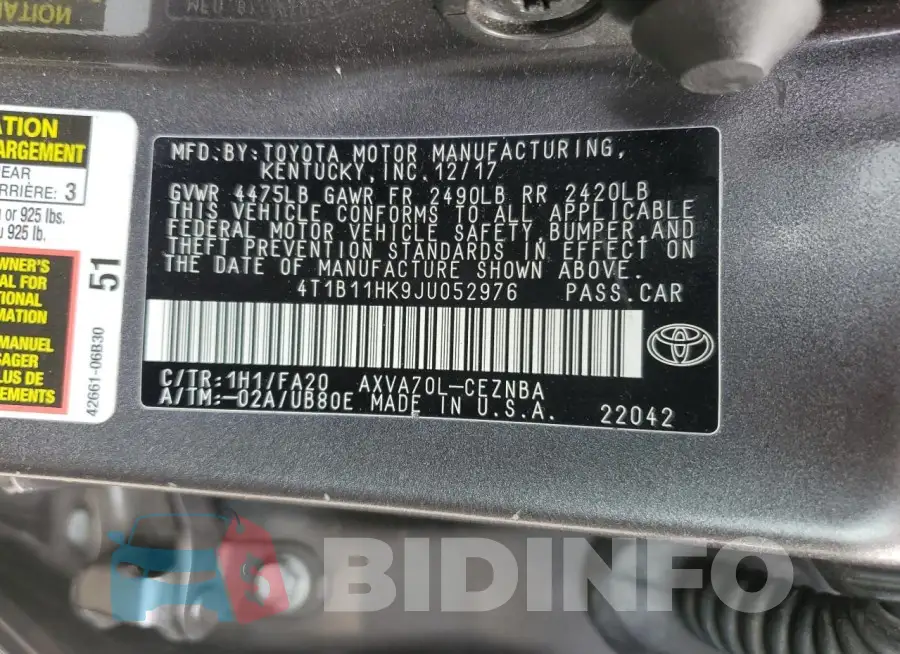 4T1B11HK9JU052976 Photo# 12