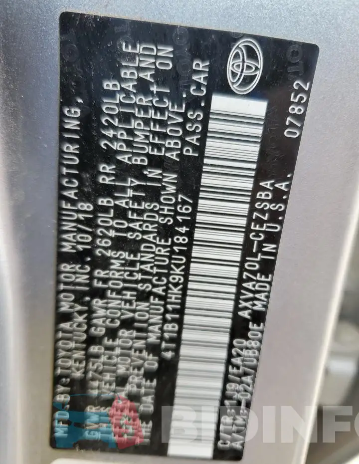 4T1B11HK9KU184167 Photo# 12