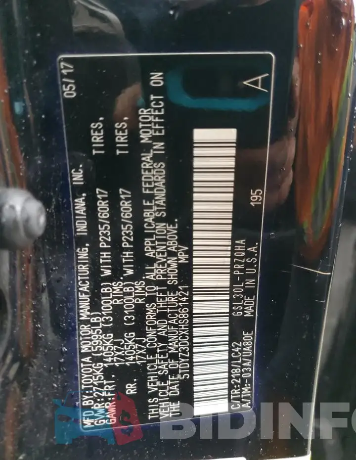 5TDYZ3DCXHS861421 Photo# 14