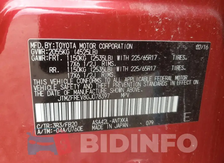 JTMZFREV8GJ078397 Photo# 14