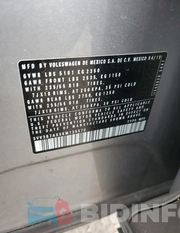3VV3B7AX5KM135570 Photo# 13