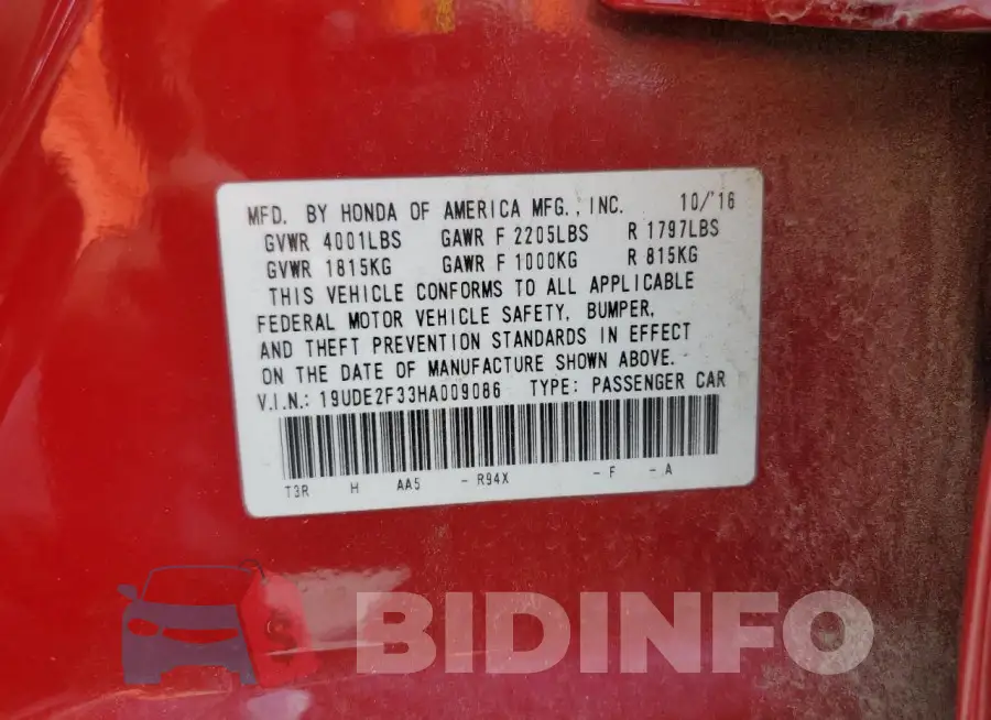 19UDE2F33HA009086 Photo# 12
