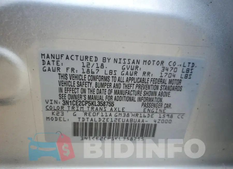 3N1CE2CP5KL358755 Photo# 13
