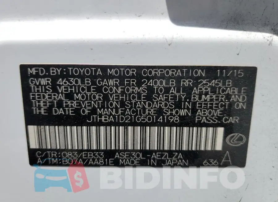 JTHBA1D21G5014198 Photo# 12