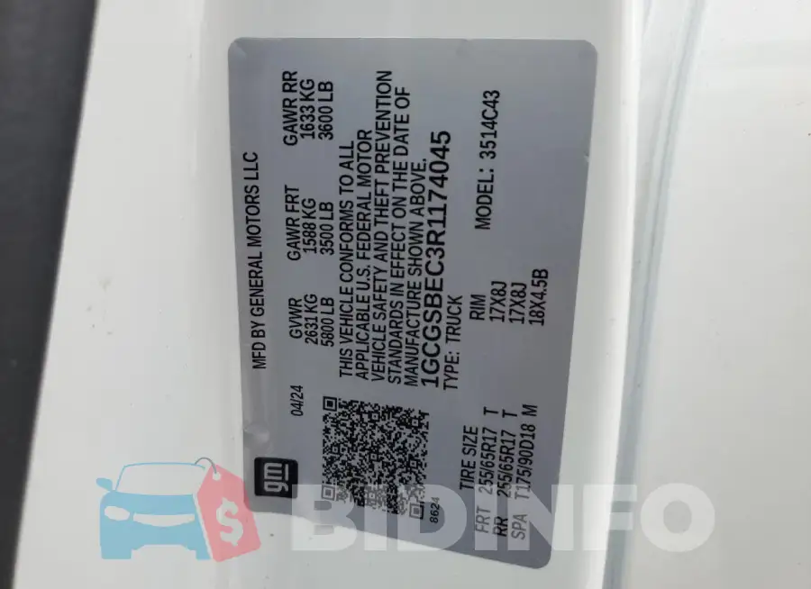 1GCGSBEC3R1174045 Photo# 12