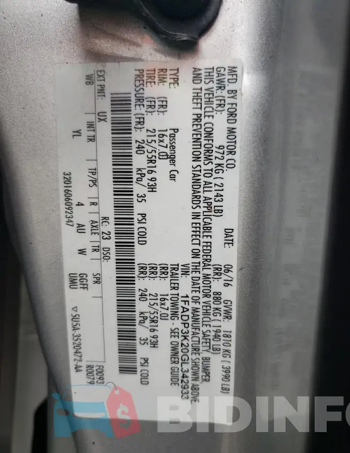 1FADP3K20GL342933 Photo# 12