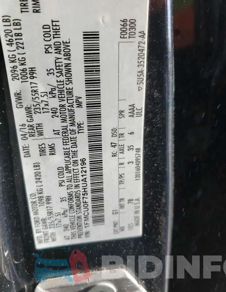 1FMCU0F75HUA12196 Photo# 13
