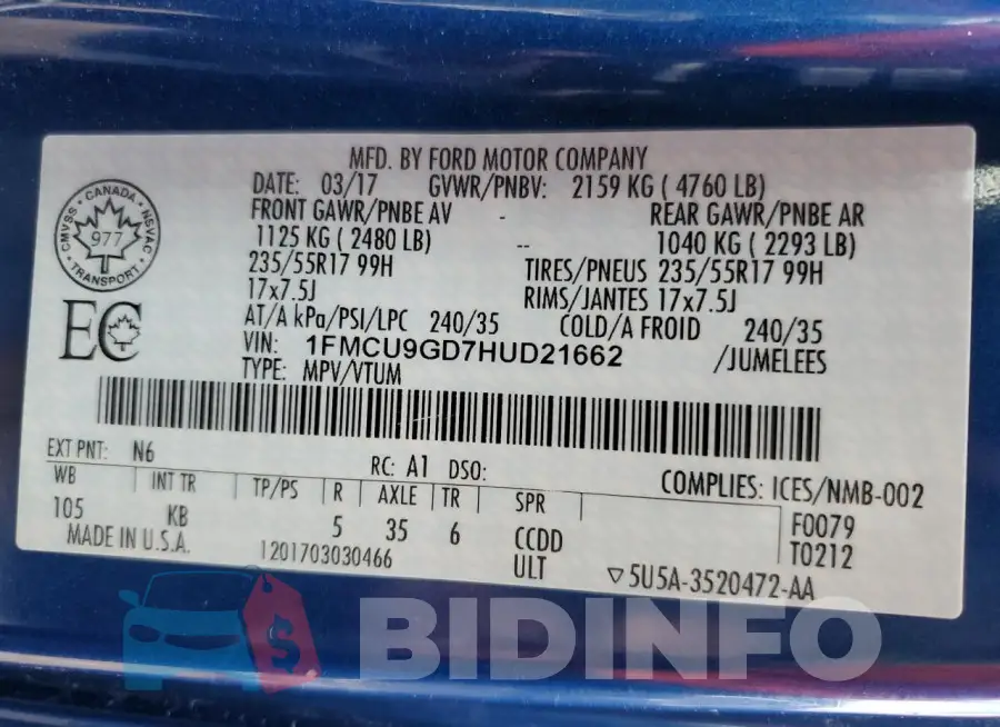 1FMCU9GD7HUD21662 Photo# 14