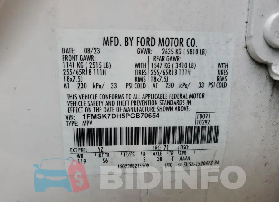 1FMSK7DH5PGB70654 Photo# 14