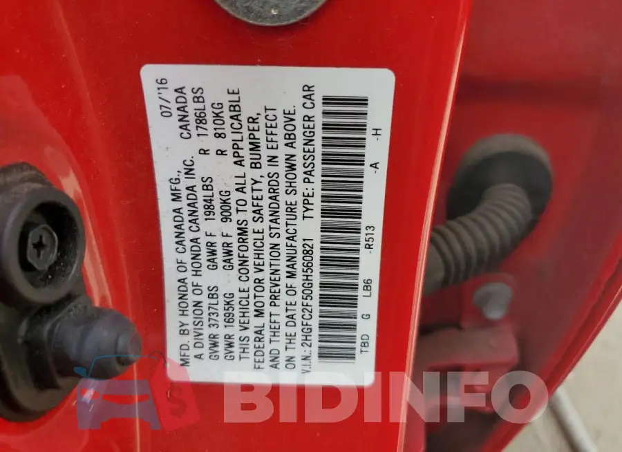 2HGFC2F50GH560821 Photo# 12