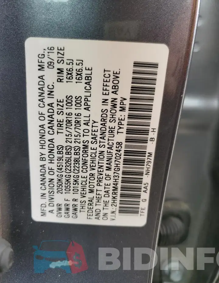 2HKRM4H37GH702458 Photo# 13