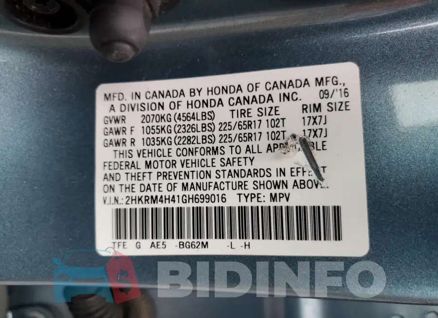 2HKRM4H41GH699016 Photo# 13