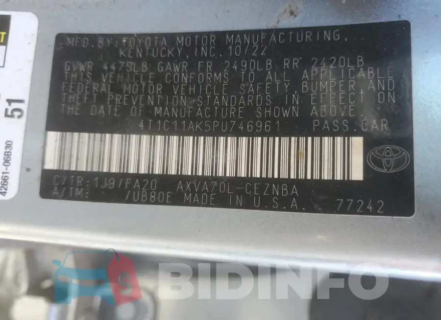 4T1C11AK5PU746961 Photo# 12