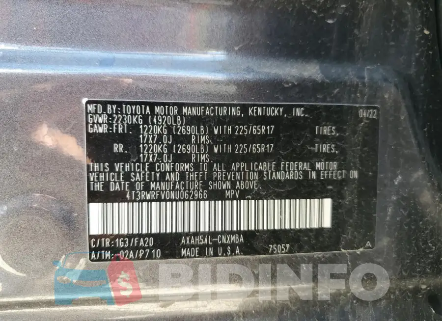 4T3RWRFV0NU062966 Photo# 14