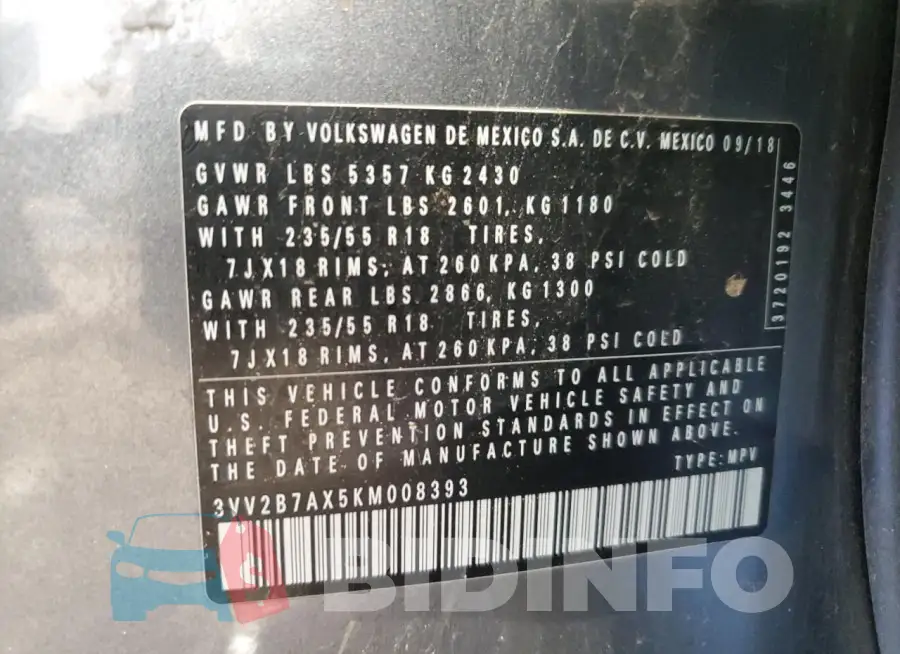 3VV2B7AX5KM008393 Photo# 14