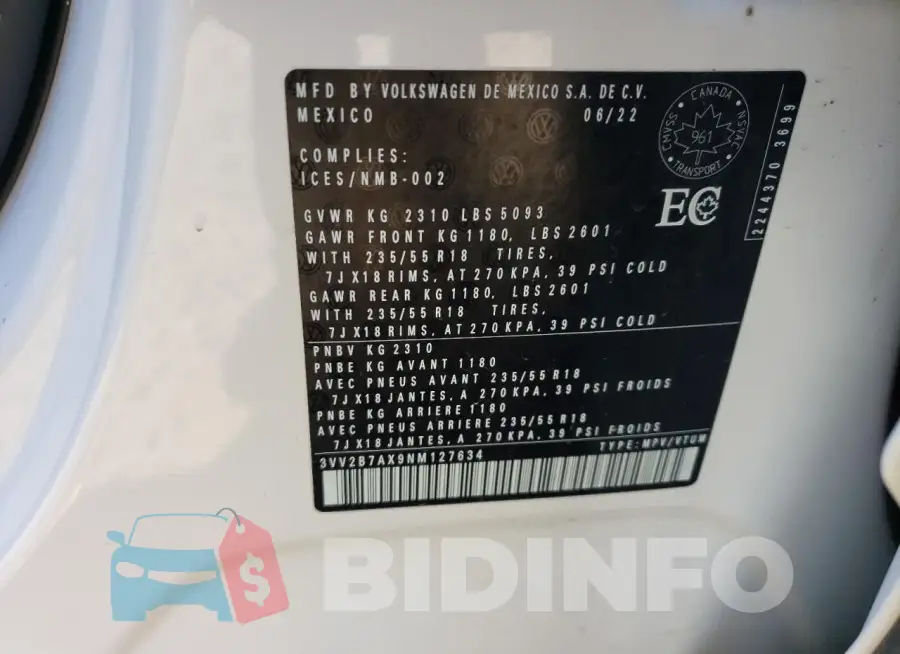 3VV2B7AX9NM127634 Photo# 13