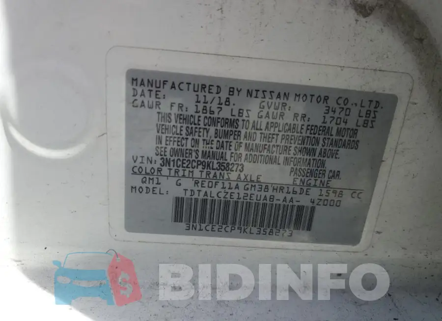 3N1CE2CP9KL358273 Photo# 13