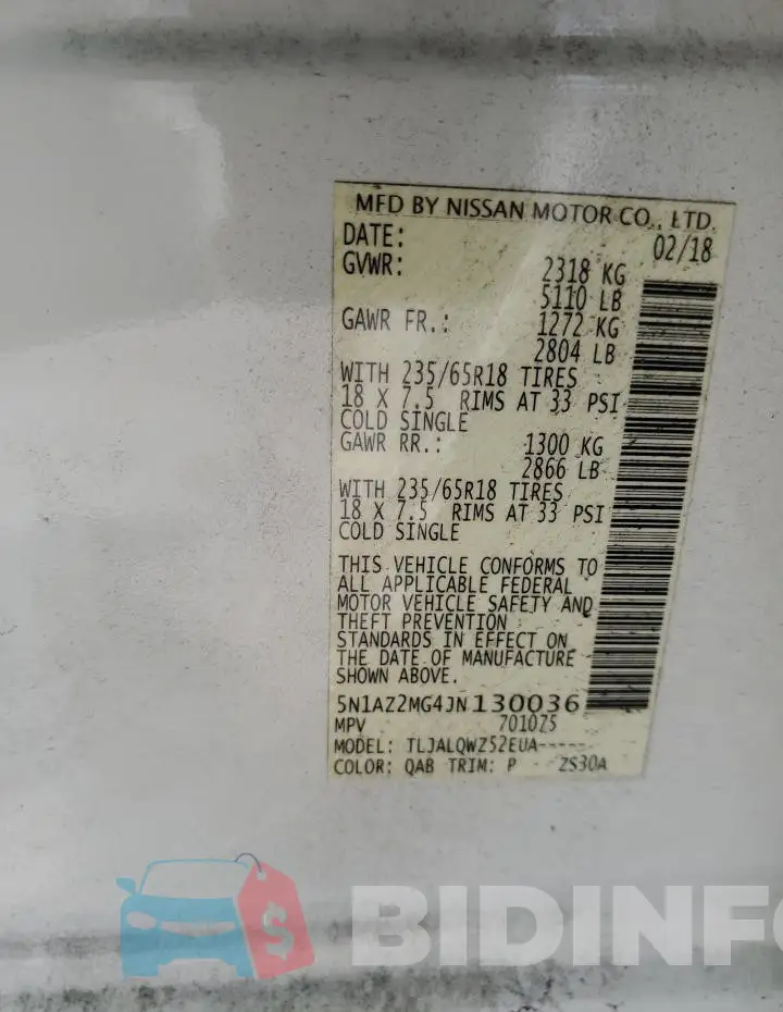 5N1AZ2MG4JN130036 Photo# 13
