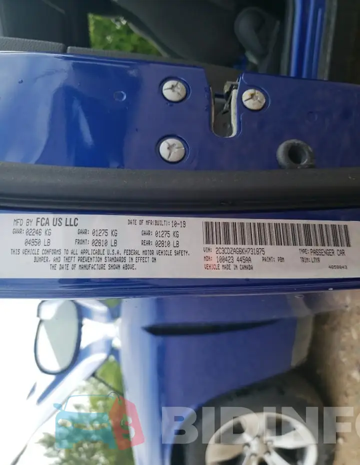 2C3CDZAG6KH731875 Photo# 12