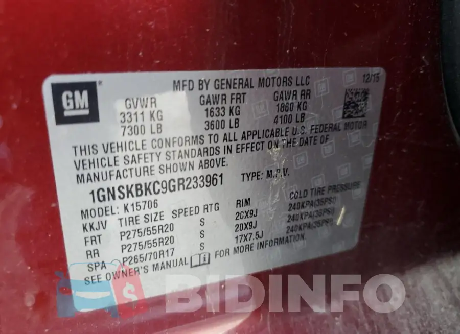 1GNSKBKC9GR233961 Photo# 12