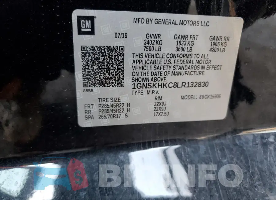 1GNSKHKC8LR132830 Photo# 14