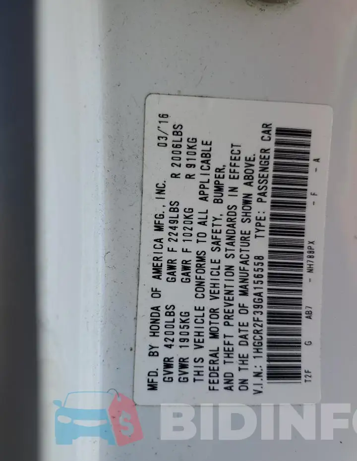 1HGCR2F39GA156558 Photo# 12